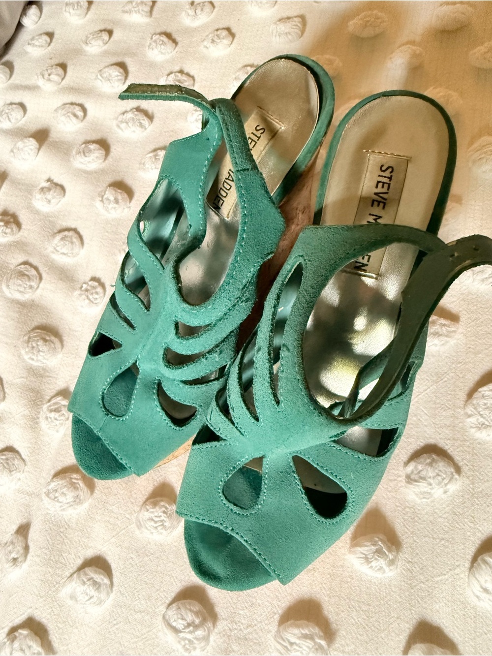 Steve Madden Turquoise Suede Cork Wedge Sandals Women’s Size 7 Peep Toe